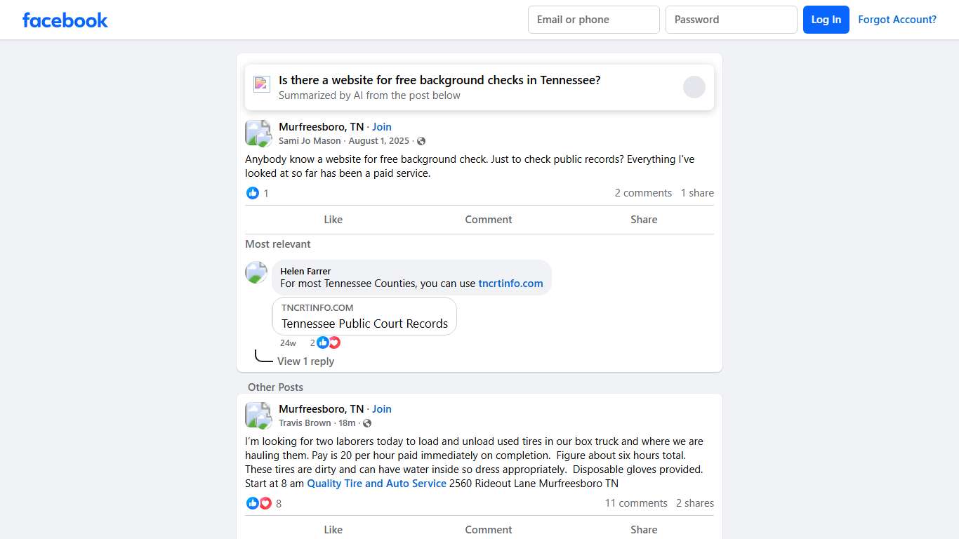 Murfreesboro, TN | Anybody know a website for free background check | Facebook